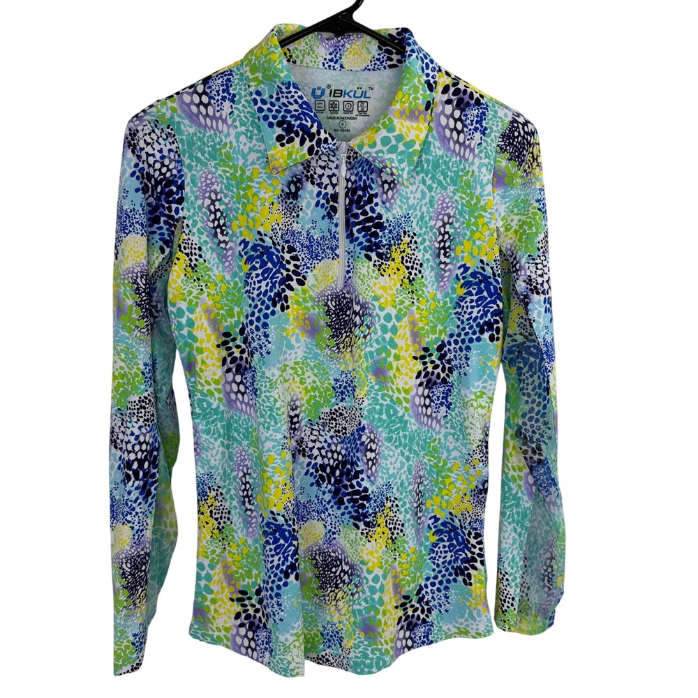 IBKUL Shirt Womens Small Green Abstract Animal Print Quarter Zip Sun Protection